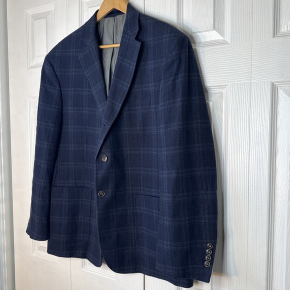 Jos A Bank Linen Tailored Fit 44S Blue‎ Window pane Plaid Men's Blazer EUC - Picture 2 of 16